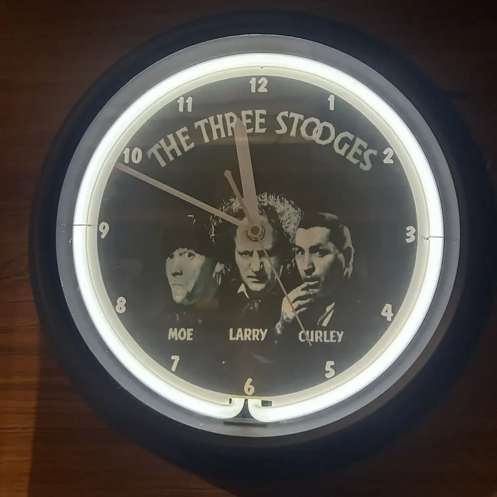 Vintage Three Stooges Neon Wall Clock Lighted Moe Larry Curley Works 15”